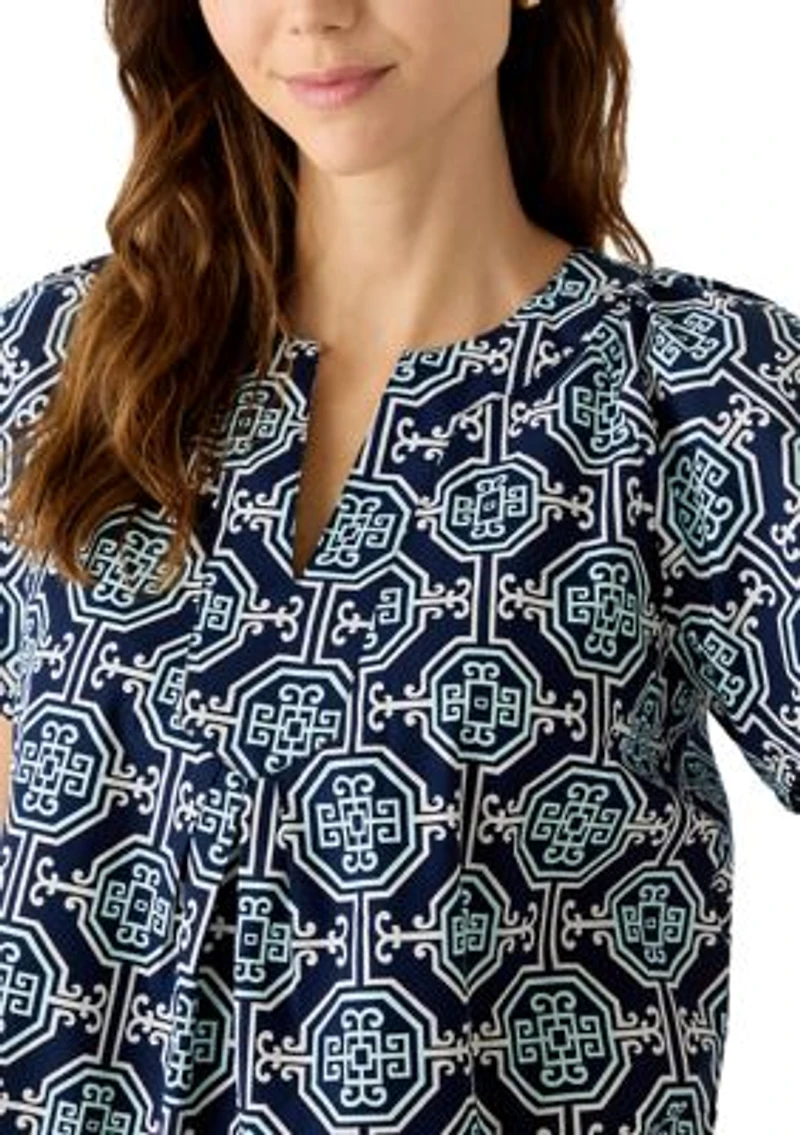 Women's Elbow Sleeve Split Neck Print Top
