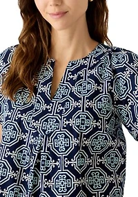 Women's Elbow Sleeve Split Neck Print Top