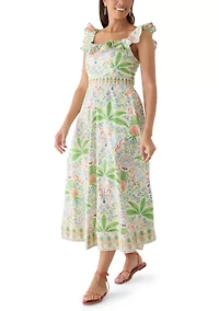 Women's Sleeveless Frill Print Midi Dress