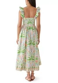 Women's Sleeveless Frill Print Midi Dress
