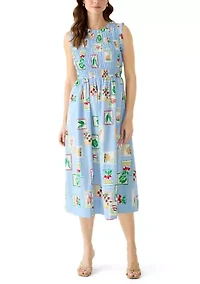 Women's Sleeveless Print Smocked Midi Dress