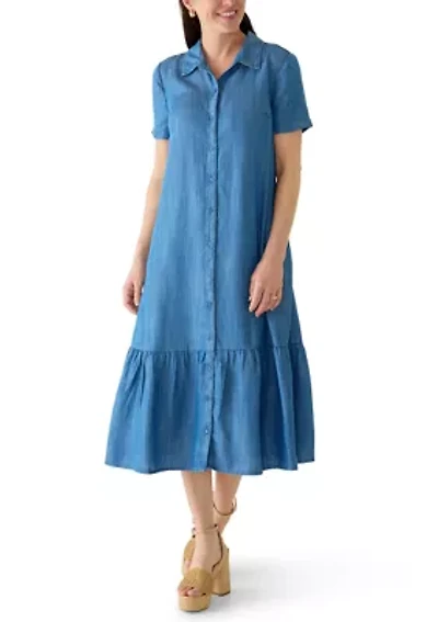 Women's Short Sleeve Chambray Midi Dress