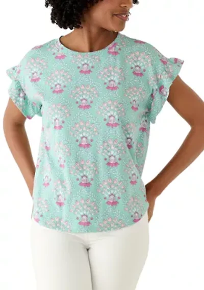 Women's Short Sleeve Printed Ruffle Shirt