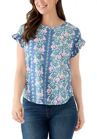 Women's Short Sleeve Printed Ruffle Tee