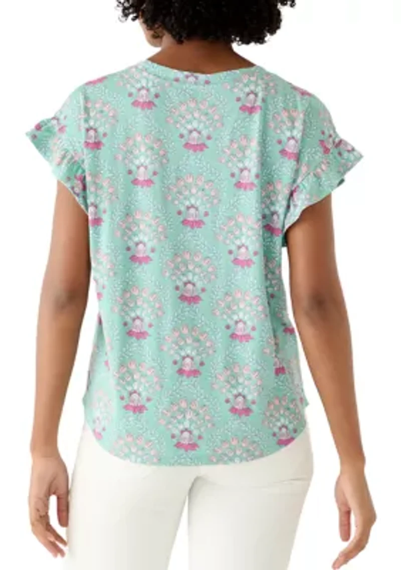 Women's Short Sleeve Printed Ruffle Shirt