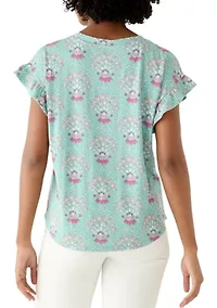 Women's Short Sleeve Printed Ruffle Shirt