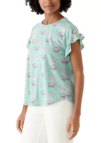 Women's Short Sleeve Printed Ruffle Shirt