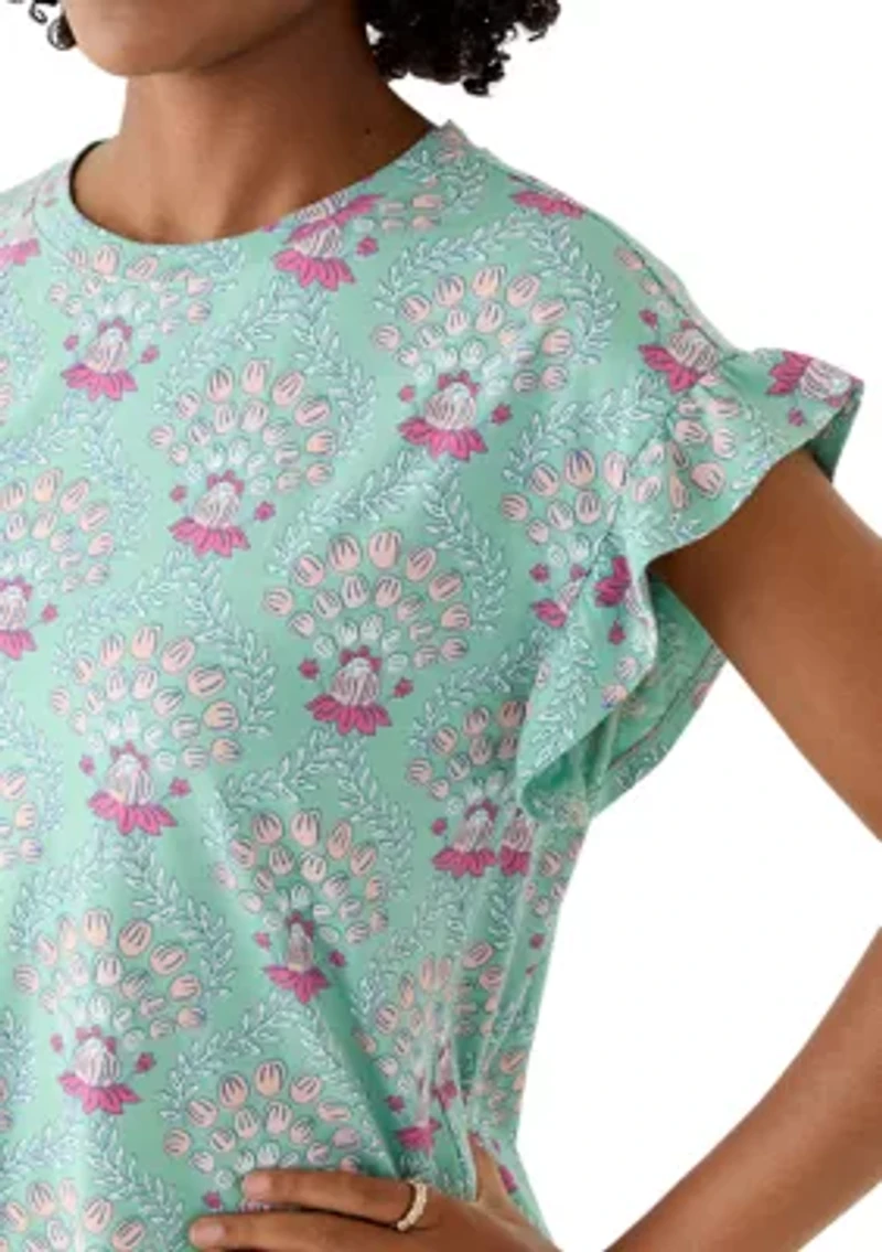 Women's Short Sleeve Printed Ruffle Shirt