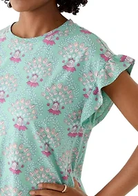 Women's Short Sleeve Printed Ruffle Shirt