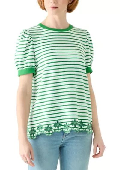 Women's Short Puff Sleeve Embroidered Hem Top