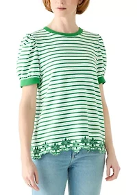 Women's Short Puff Sleeve Embroidered Hem Top