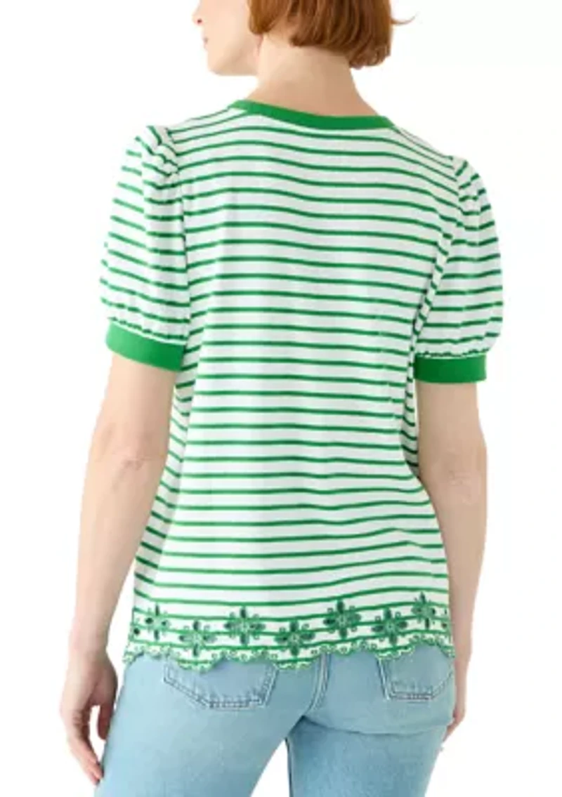 Women's Short Puff Sleeve Embroidered Hem Top