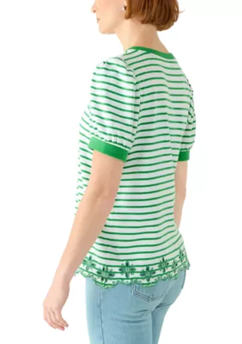 Women's Short Puff Sleeve Embroidered Hem Top