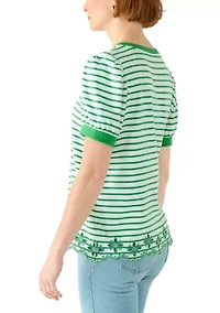 Women's Short Puff Sleeve Embroidered Hem Top