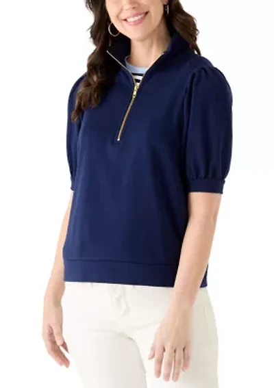 Women's Elbow Sleeve Button French Terry Top