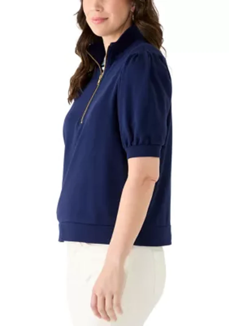 Women's Elbow Sleeve Button French Terry Top