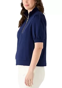 Women's Elbow Sleeve Button French Terry Top