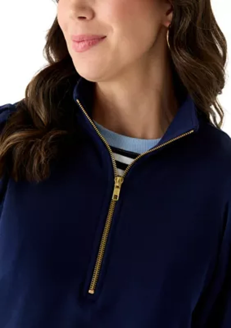 Women's Elbow Sleeve Button French Terry Top