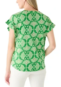 Women's Short Sleeve Ruffle Printed T-Shirt
