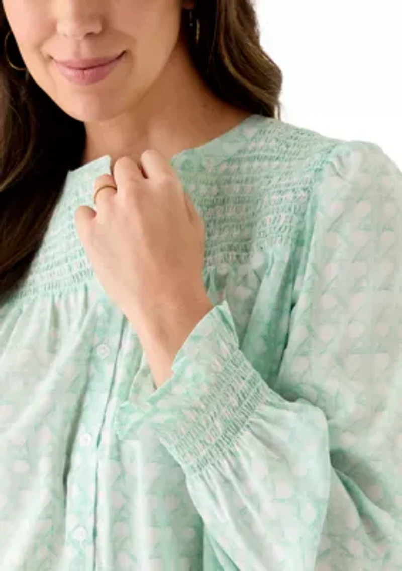 Women's Long Sleeve Smocked Button Up Shirt