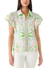 Women's Short Flutter Sleeve Poplin Top