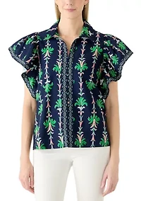 Women's Short Flutter Sleeve Poplin Top