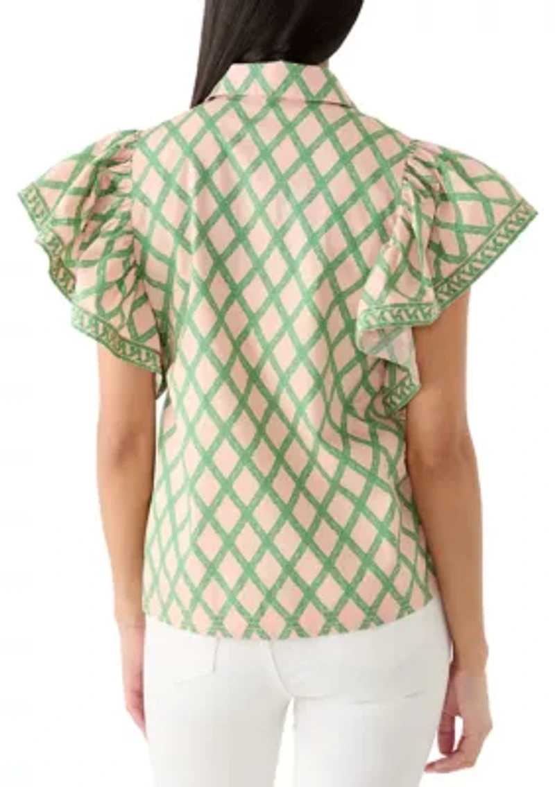 Women's Short Flutter Sleeve Poplin Top