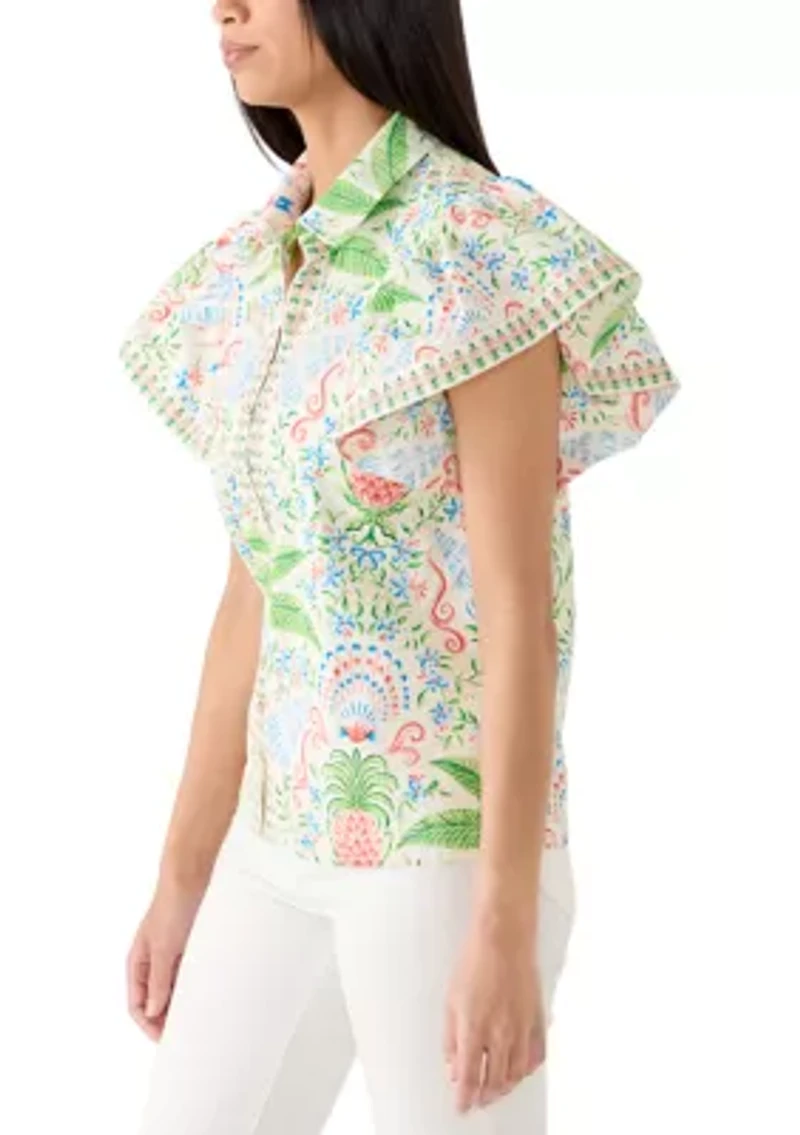 Women's Short Flutter Sleeve Poplin Top