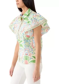 Women's Short Flutter Sleeve Poplin Top