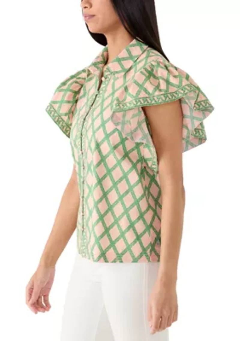 Women's Short Flutter Sleeve Poplin Top