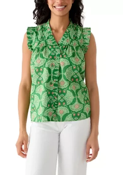 Women's Sleeveless Print Ruffle Neck Top