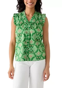 Women's Sleeveless Print Ruffle Neck Top