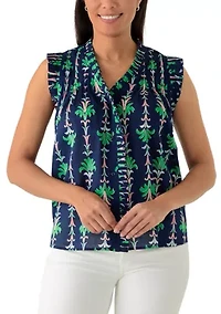 Women's Sleeveless Print Ruffle Neck Top