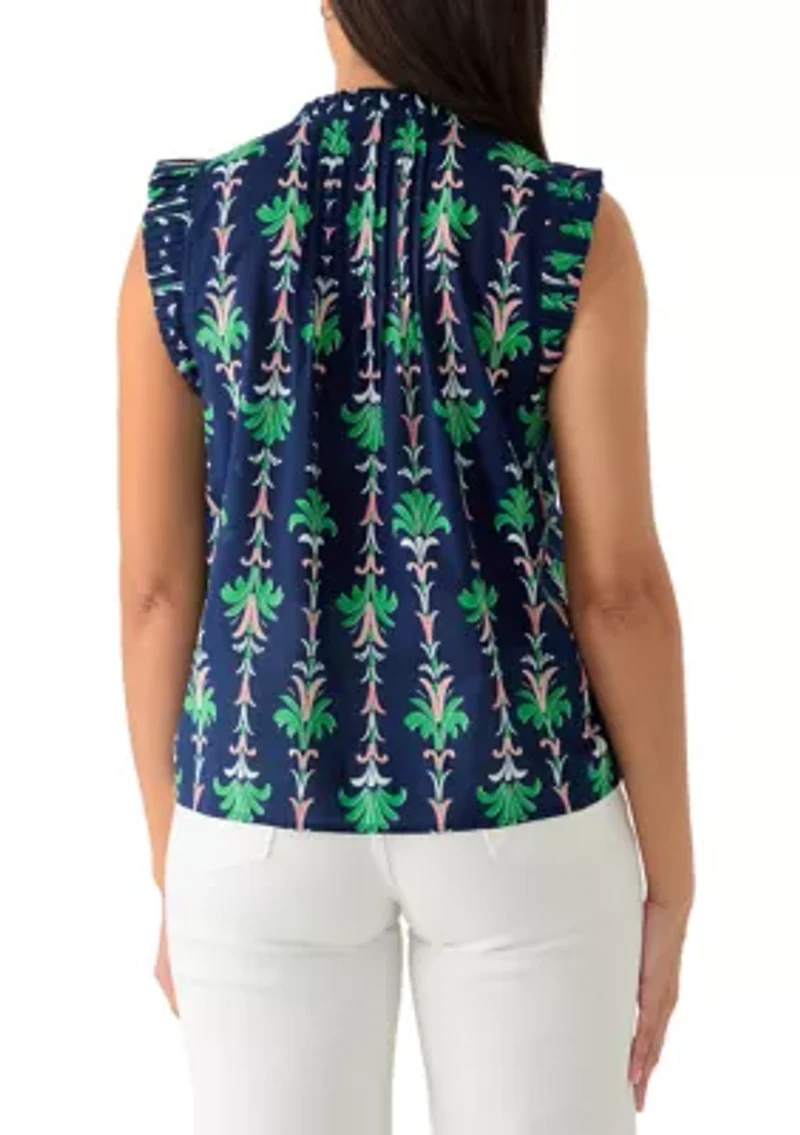 Women's Sleeveless Print Ruffle Neck Top