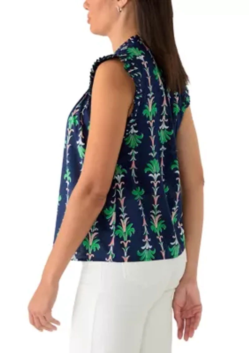 Women's Sleeveless Print Ruffle Neck Top