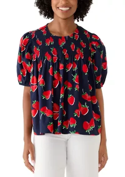 Women's Short Sleeve Smocked Printed Top