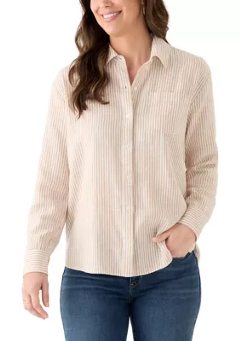 Women's Long Sleeve Linen Blend Boyfriend Top