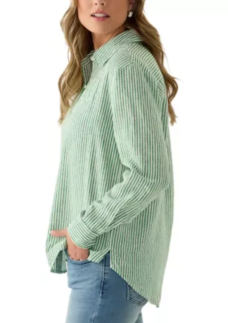 Women's Long Sleeve Linen Blend Boyfriend Top