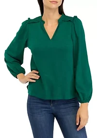 Petite Long Sleeve Smocked Split Neck T-Shirt