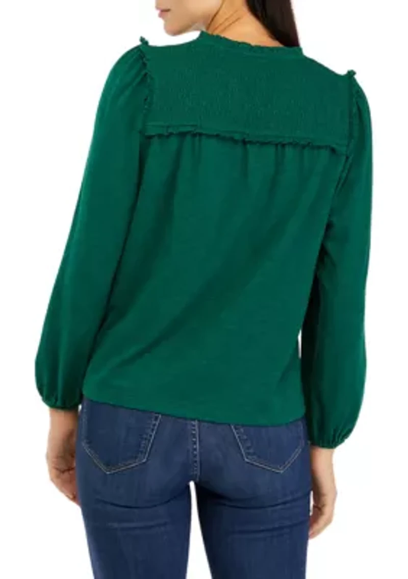 Petite Long Sleeve Smocked Split Neck T-Shirt