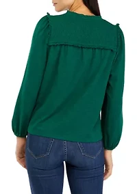 Petite Long Sleeve Smocked Split Neck T-Shirt