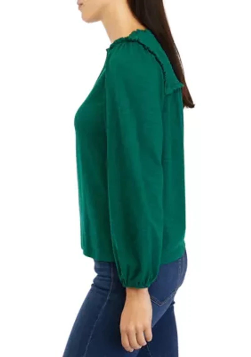 Petite Long Sleeve Smocked Split Neck T-Shirt