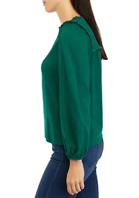 Petite Long Sleeve Smocked Split Neck T-Shirt