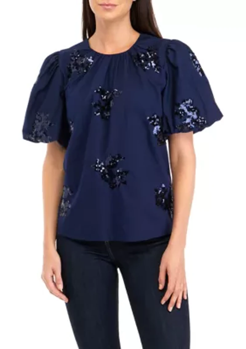 Petite Short Sleeve Sequin Appliqué Top
