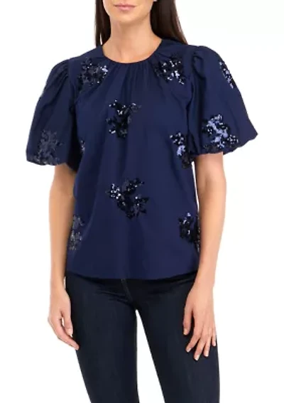 Petite Short Sleeve Sequin Appliqué Top