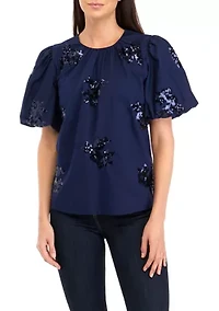 Petite Short Sleeve Sequin Appliqué Top