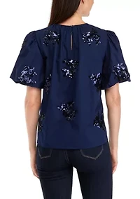 Petite Short Sleeve Sequin Appliqué Top