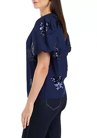 Petite Short Sleeve Sequin Appliqué Top