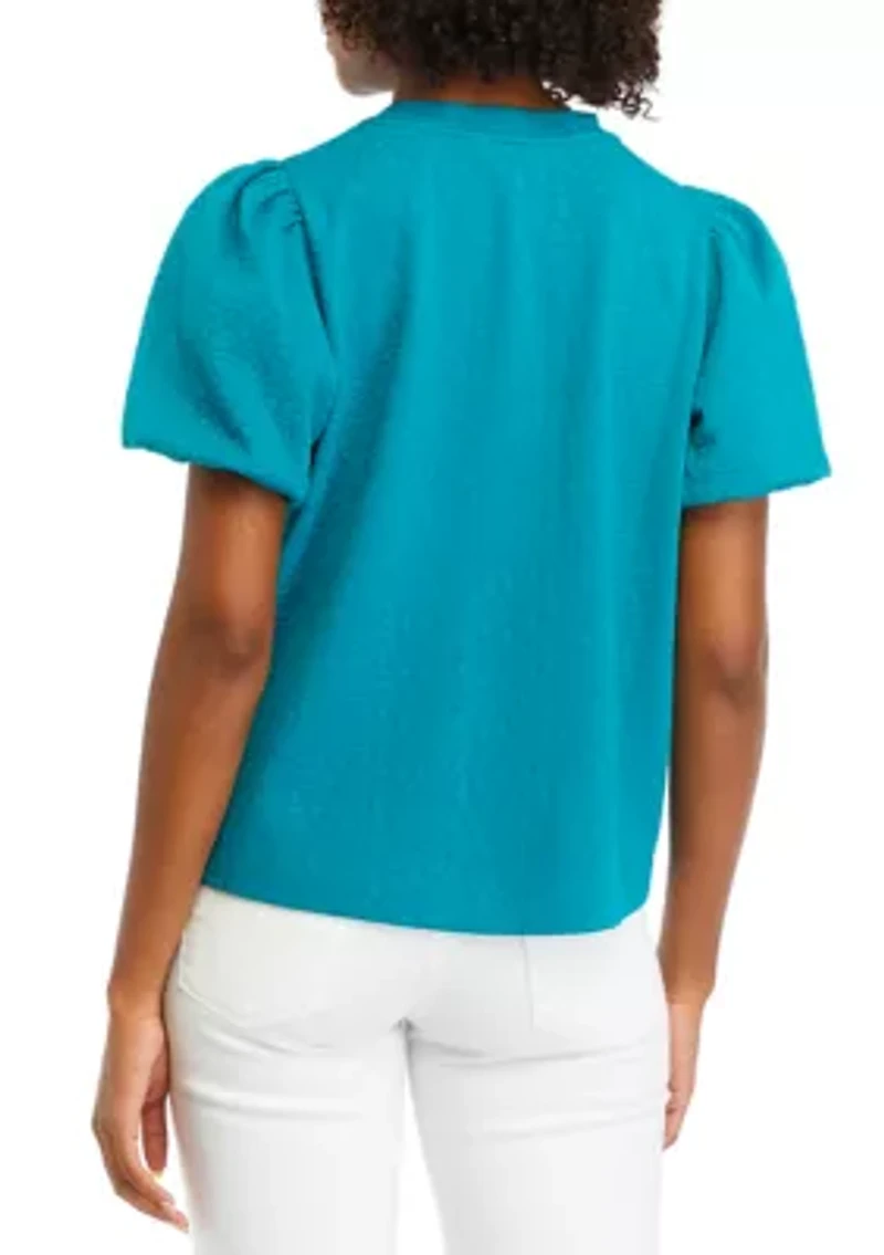 Petite Solid Jacquard Puff Sleeve Top