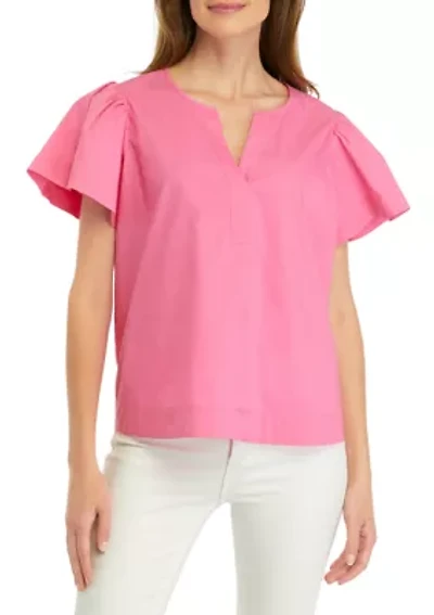 Petite Puff Sleeve Split Neck Top